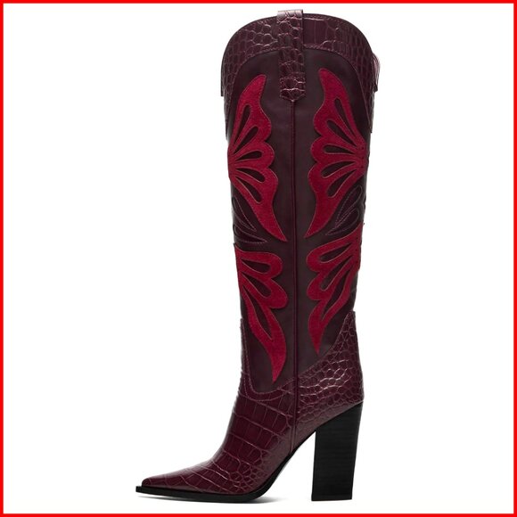 Shoes - Pointed Toe Knee High Western Boots Chunky Heel Wide Calf Zipper
